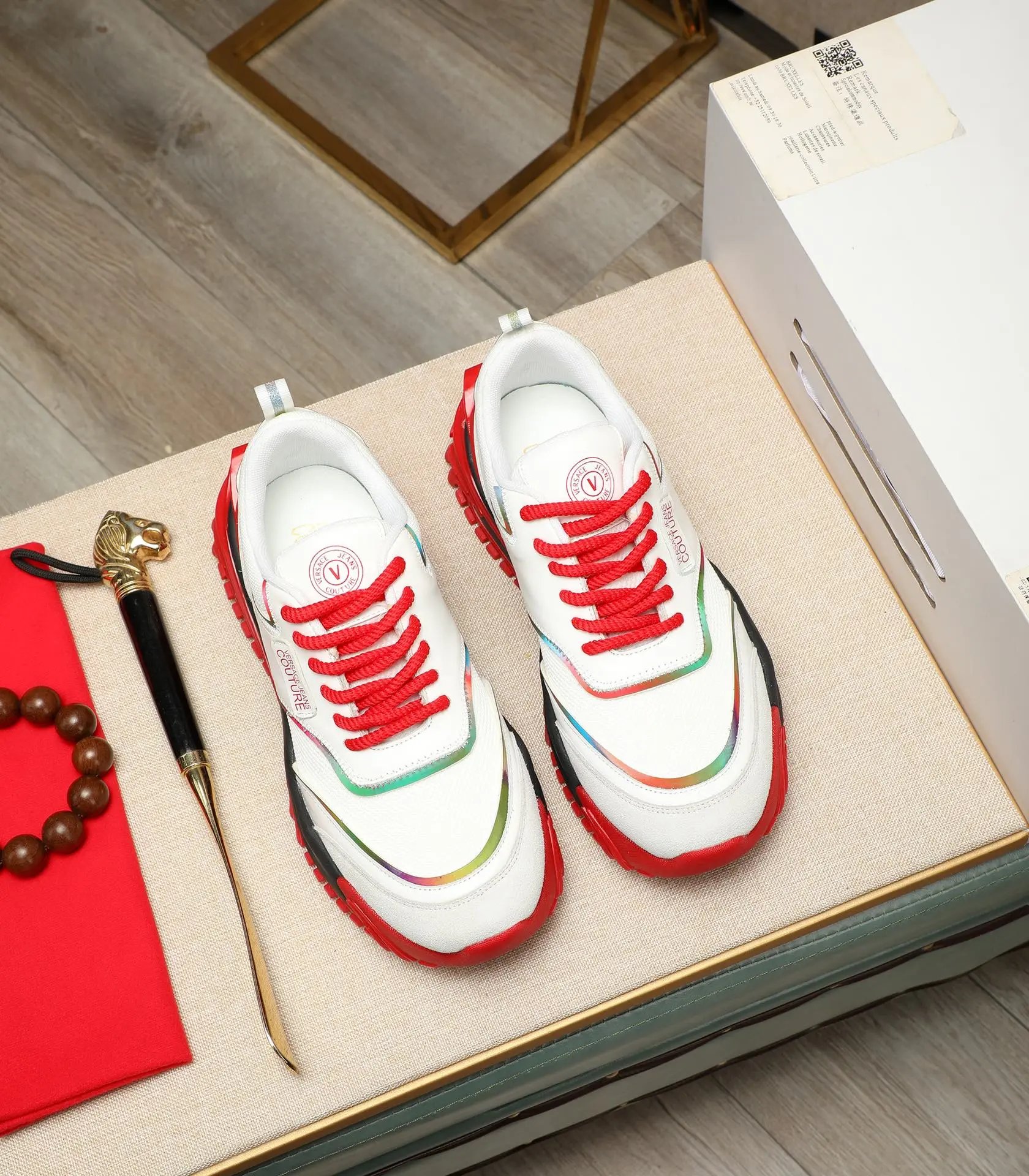 Luxury Calfskin Mesh Sneakers Crimson White - Gallery Image 3 - Detailed View