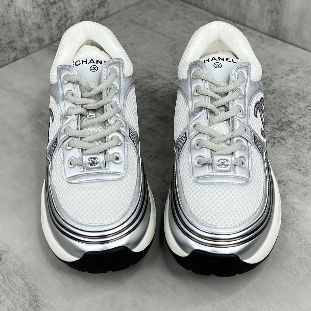 Resort Chunky Mesh Leather Sneakers Silver - Gallery Image 4 - Detailed View