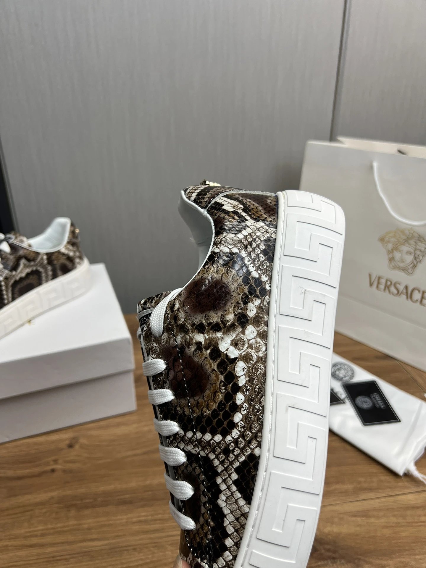 Luxury Snake Print Leather Sneakers Ivory - Gallery Image 9 - Detailed View