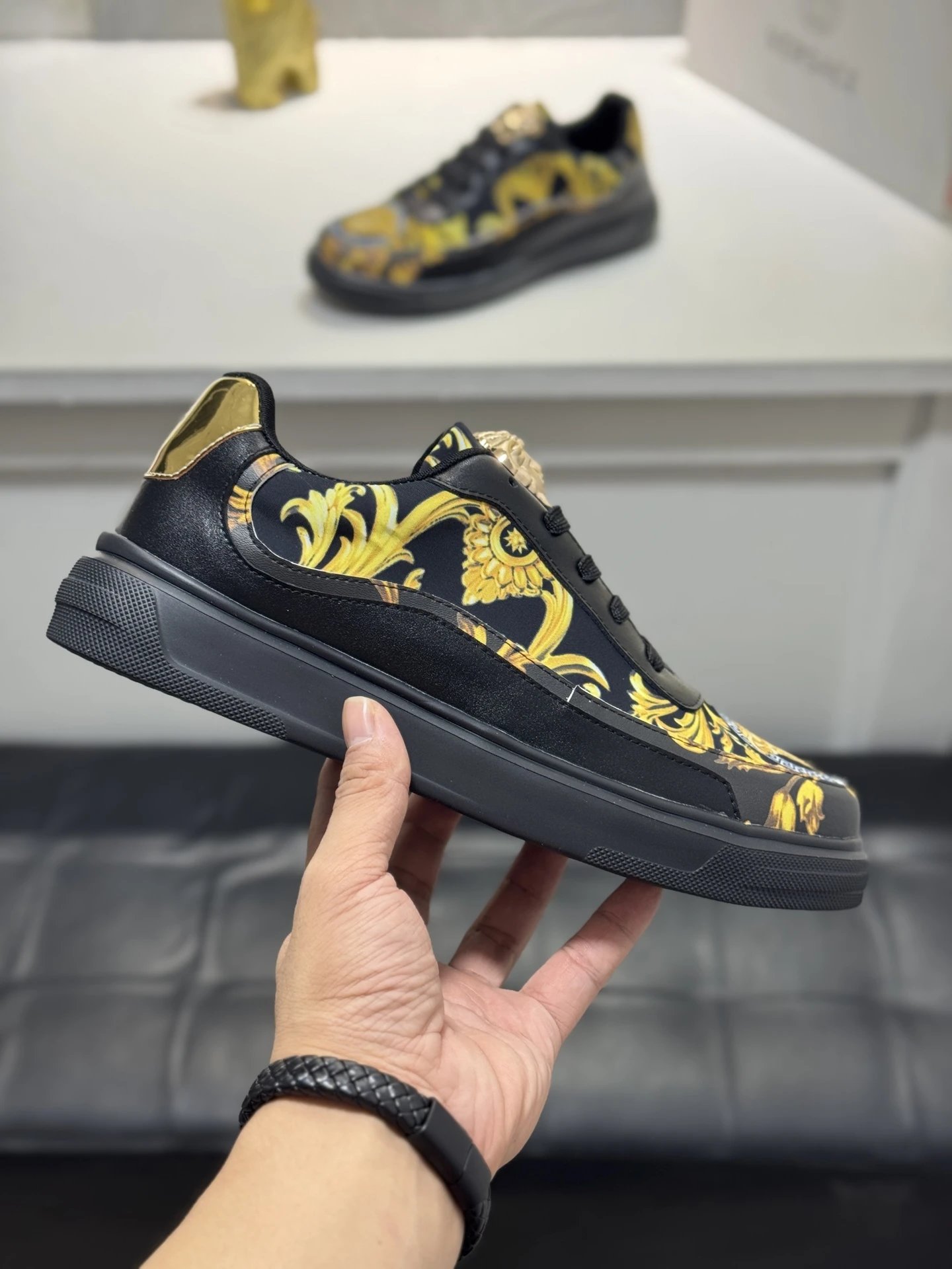 Baroque Leather Sneakers Casual Low Top Black Gold - Gallery Image 4 - Detailed View