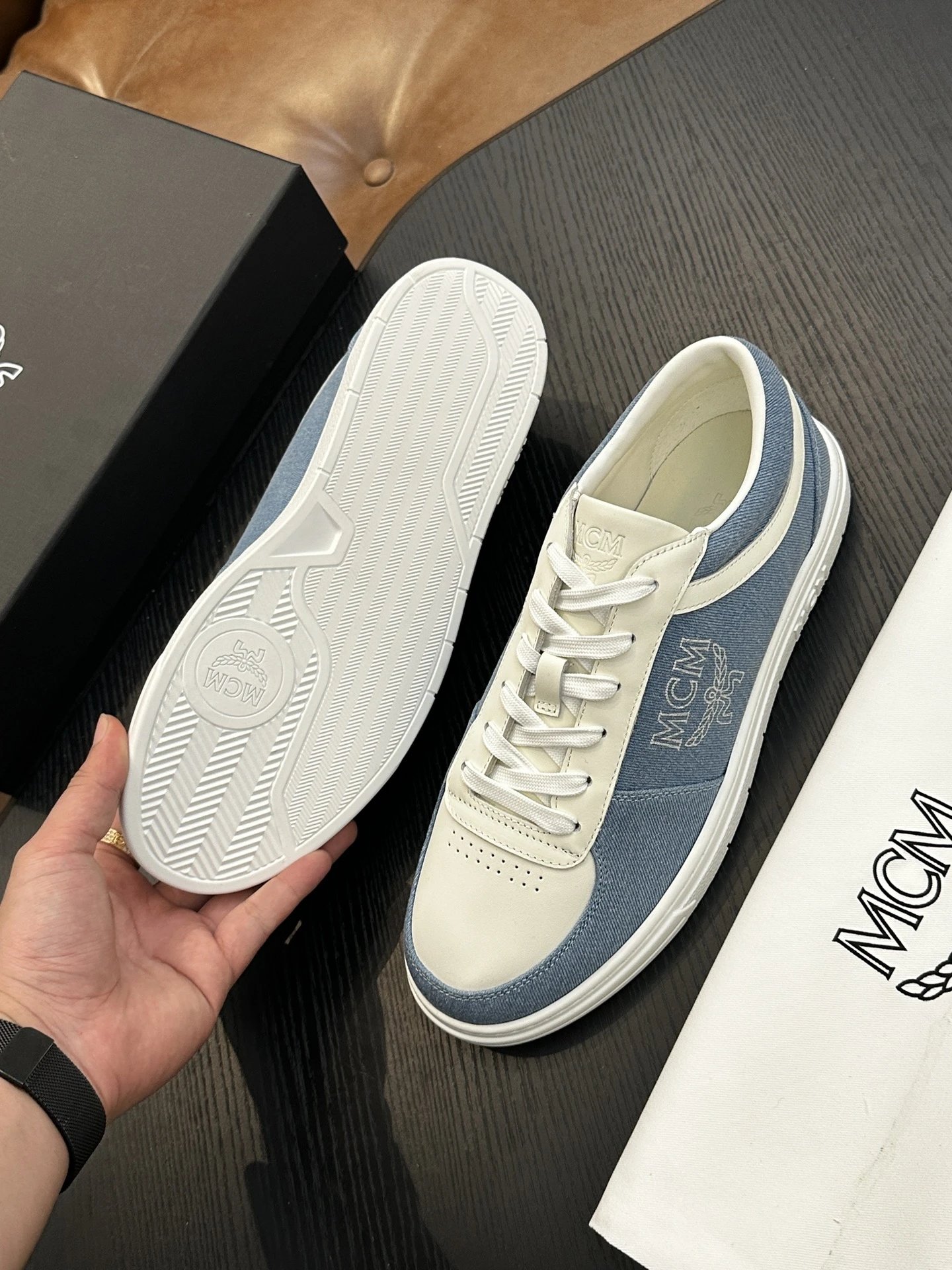 MCM Skystream Cubic Monogram Jacquard Sneaker Blue - Gallery Image 9 - Detailed View