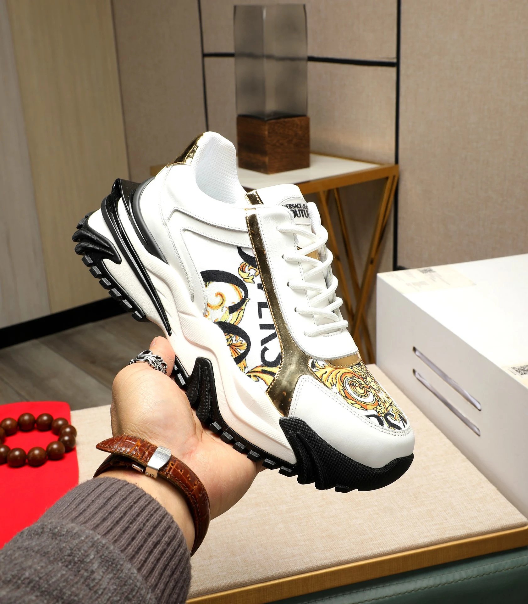 Luxury Baroque Leather Chunky Sneakers White Gold - Versace - Cnfans - $70.32