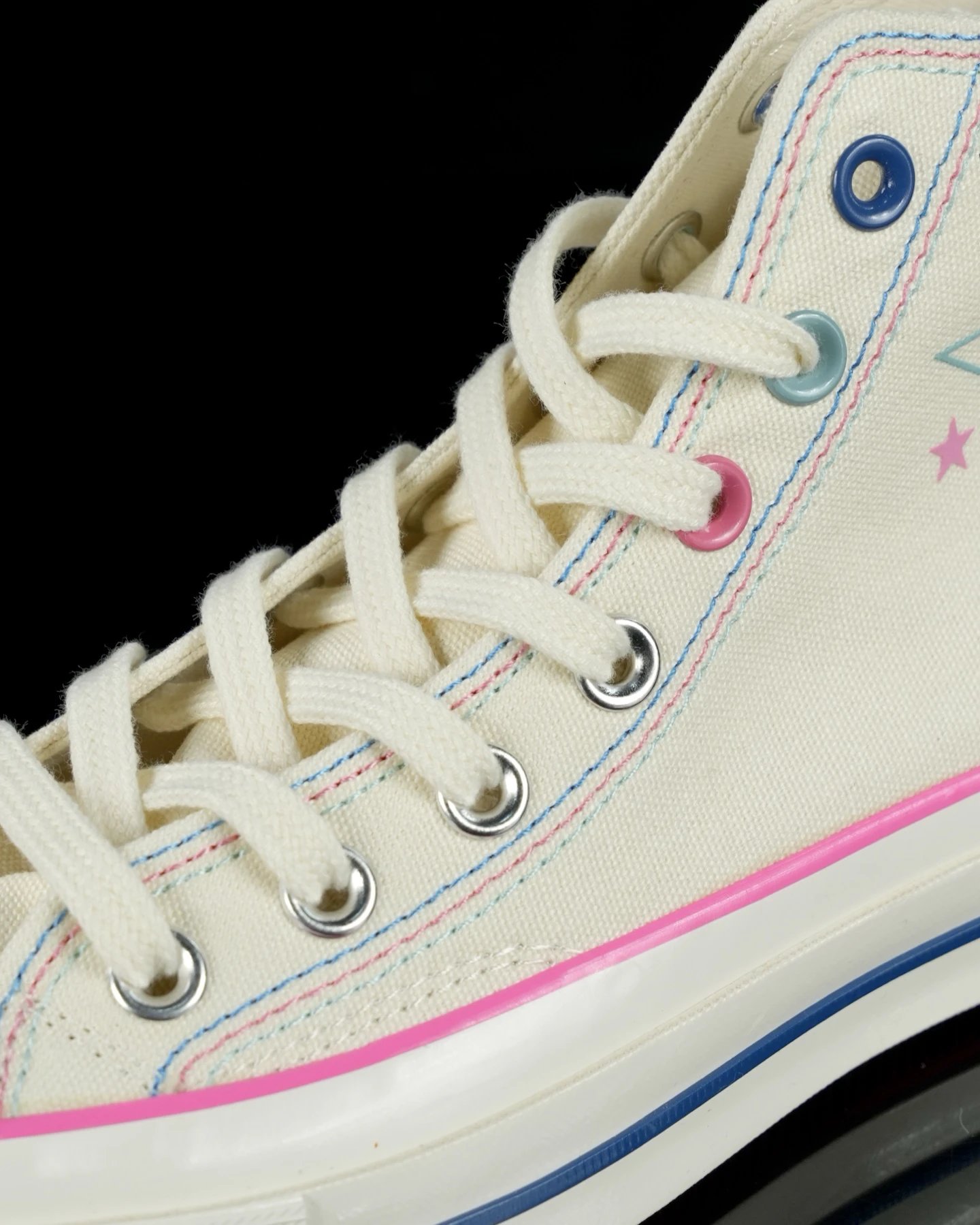 Chuck 1970s Canvas High Top Star Stitch White Pink Blue - Gallery Image 4 - Detailed View