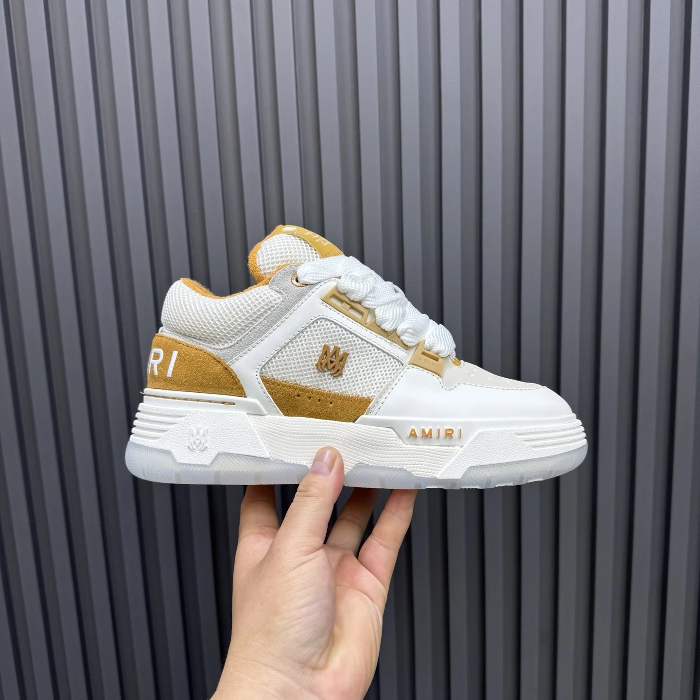 Low Top Leather Mesh Skate Sneakers Amber White - Gallery Image 2 - Detailed View