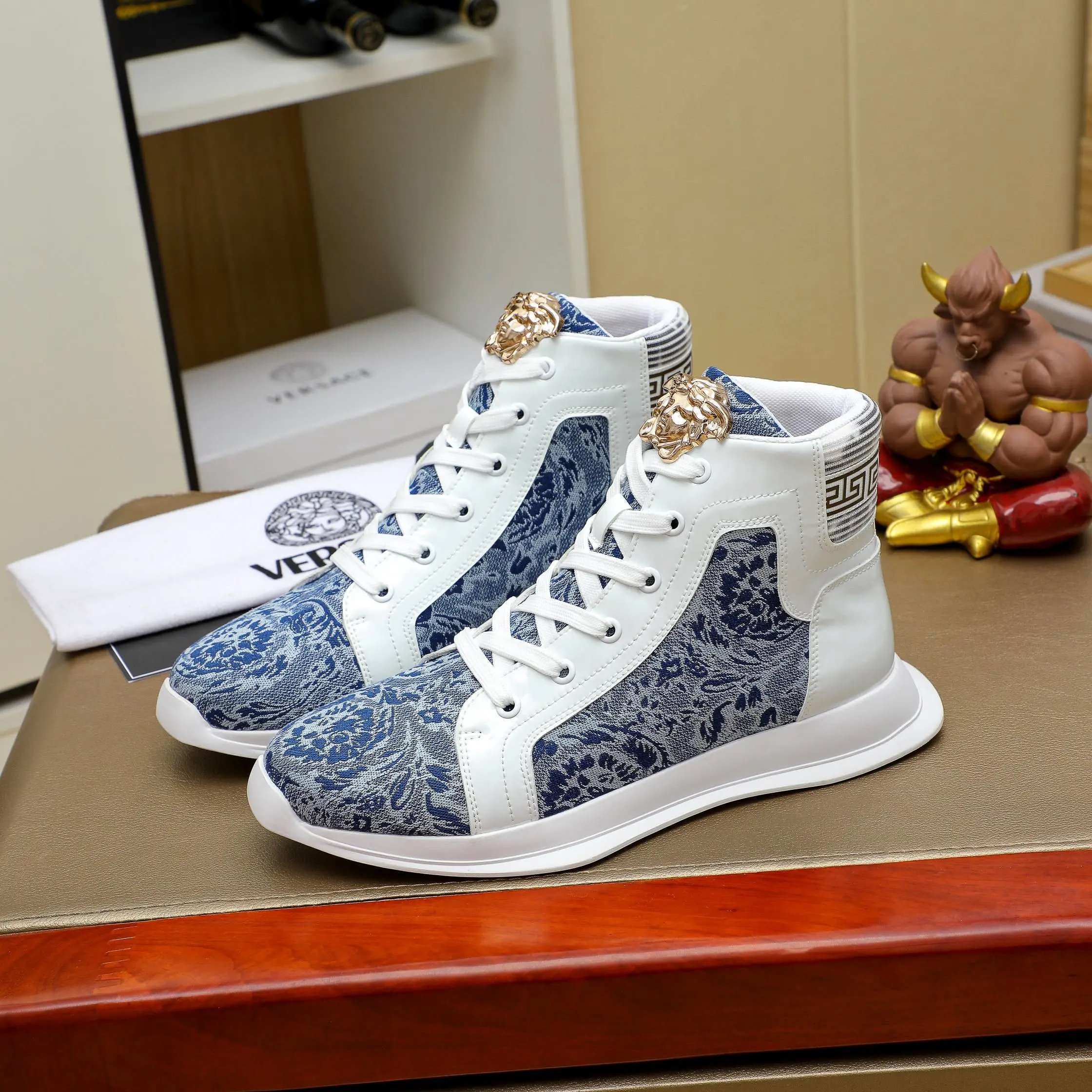 Baroque Leather High Top Sneakers Ivory Blue - Related Product - Cnfans