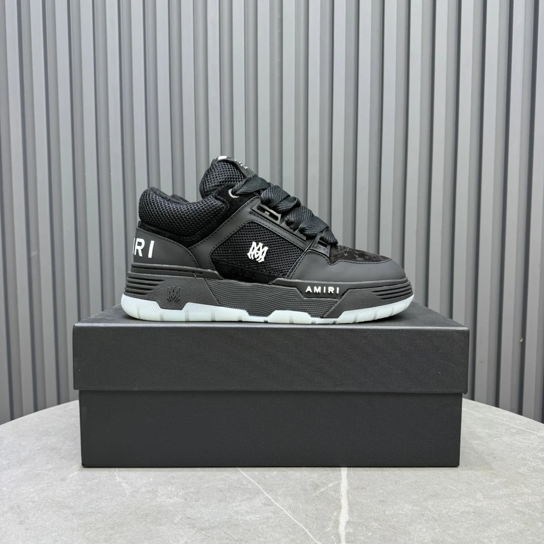 Low Top Mesh Leather Skate Sneakers Unisex Charcoal Black - Gallery Image 1 - Detailed View