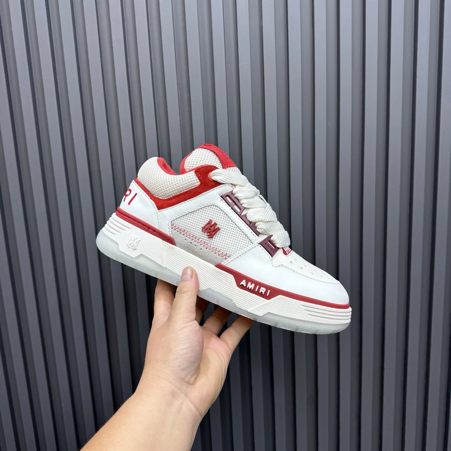 Low Top Leather Mesh Skate Sneakers Crimson White - Gallery Image 3 - Detailed View