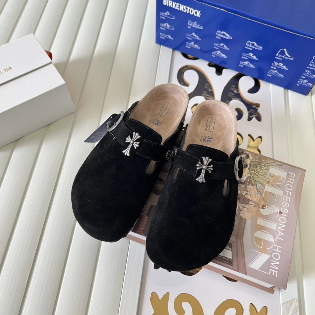 Suede Cross Buckle Closed Toe Mules Soft Sole Ebony - Gallery Image 2 - Detailed View