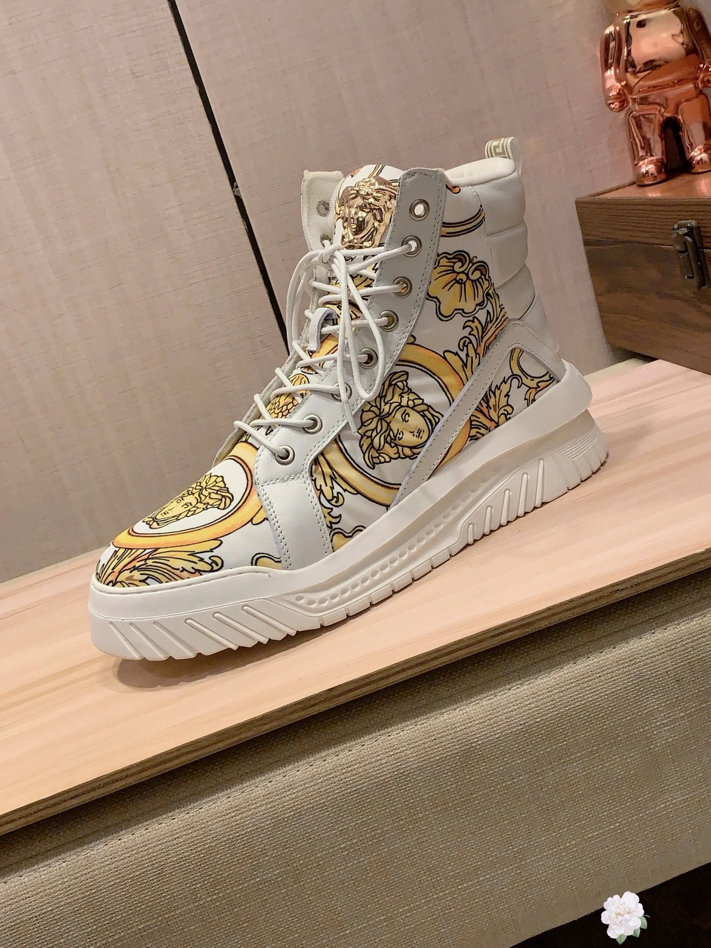 Baroque Leather High Top Sneakers White Gold - Gallery Image 9 - Detailed View