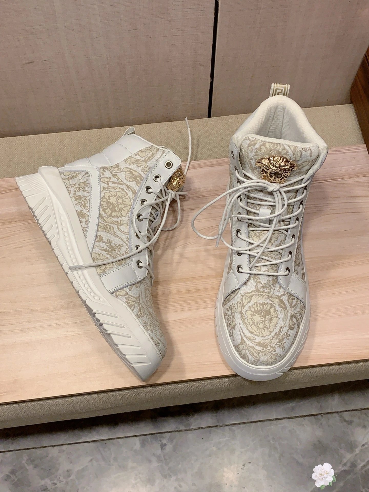 High Top Leather Jacquard Sneakers Ivory - Gallery Image 6 - Detailed View