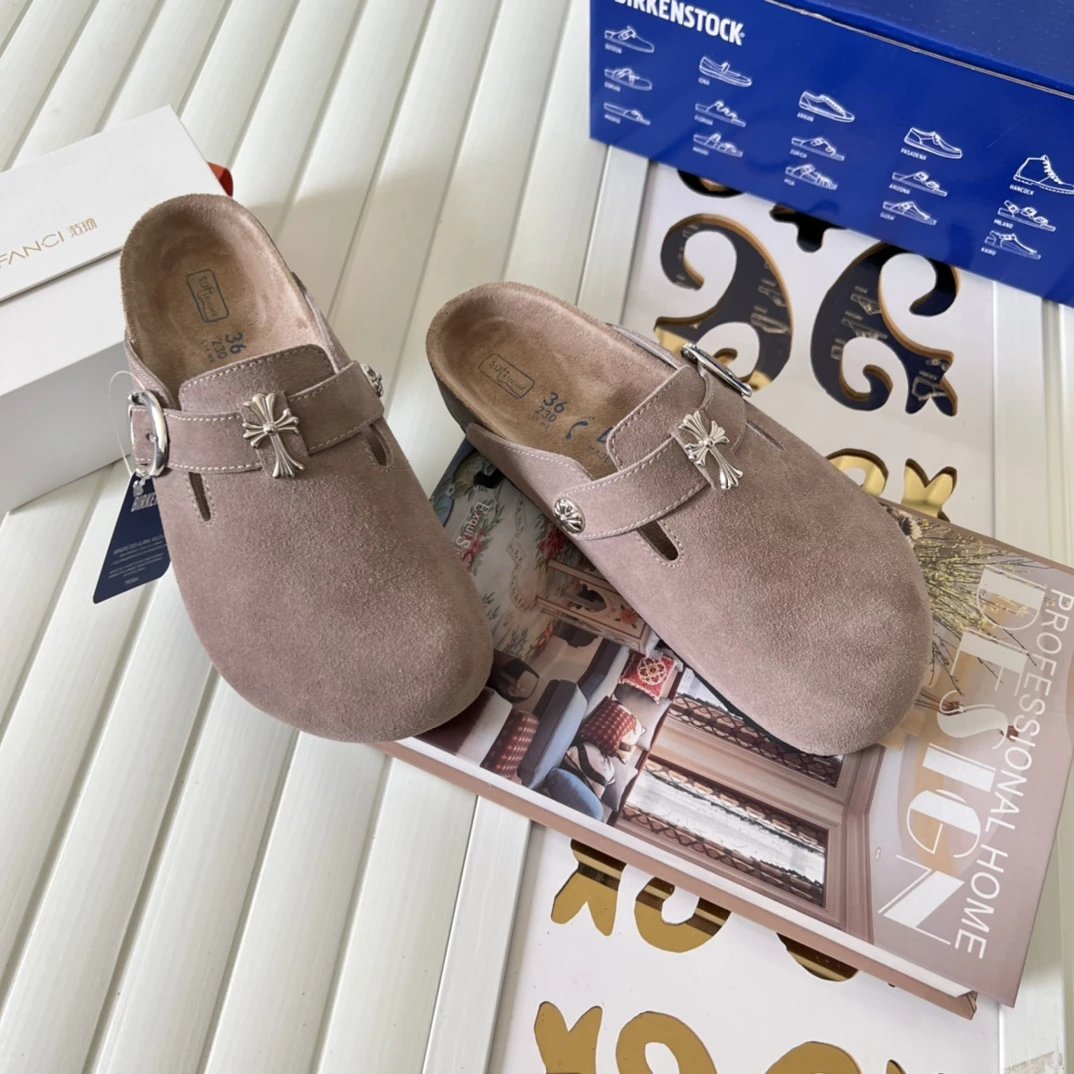 Suede Cross Buckle Closed Toe Clogs Nude Taupe - Gallery Image 4 - Detailed View