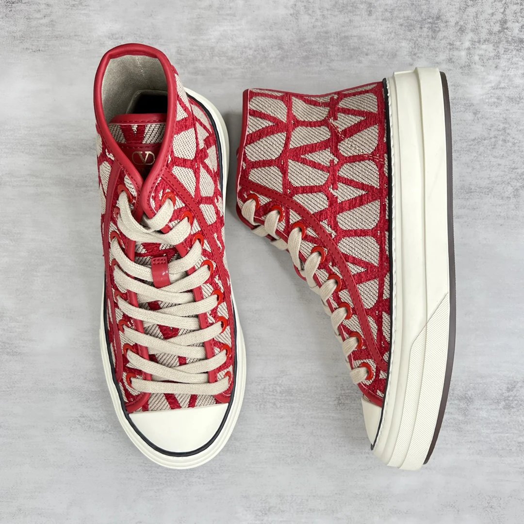 High Top Canvas Sneakers Ivory Crimson - Gallery Image 3 - Detailed View