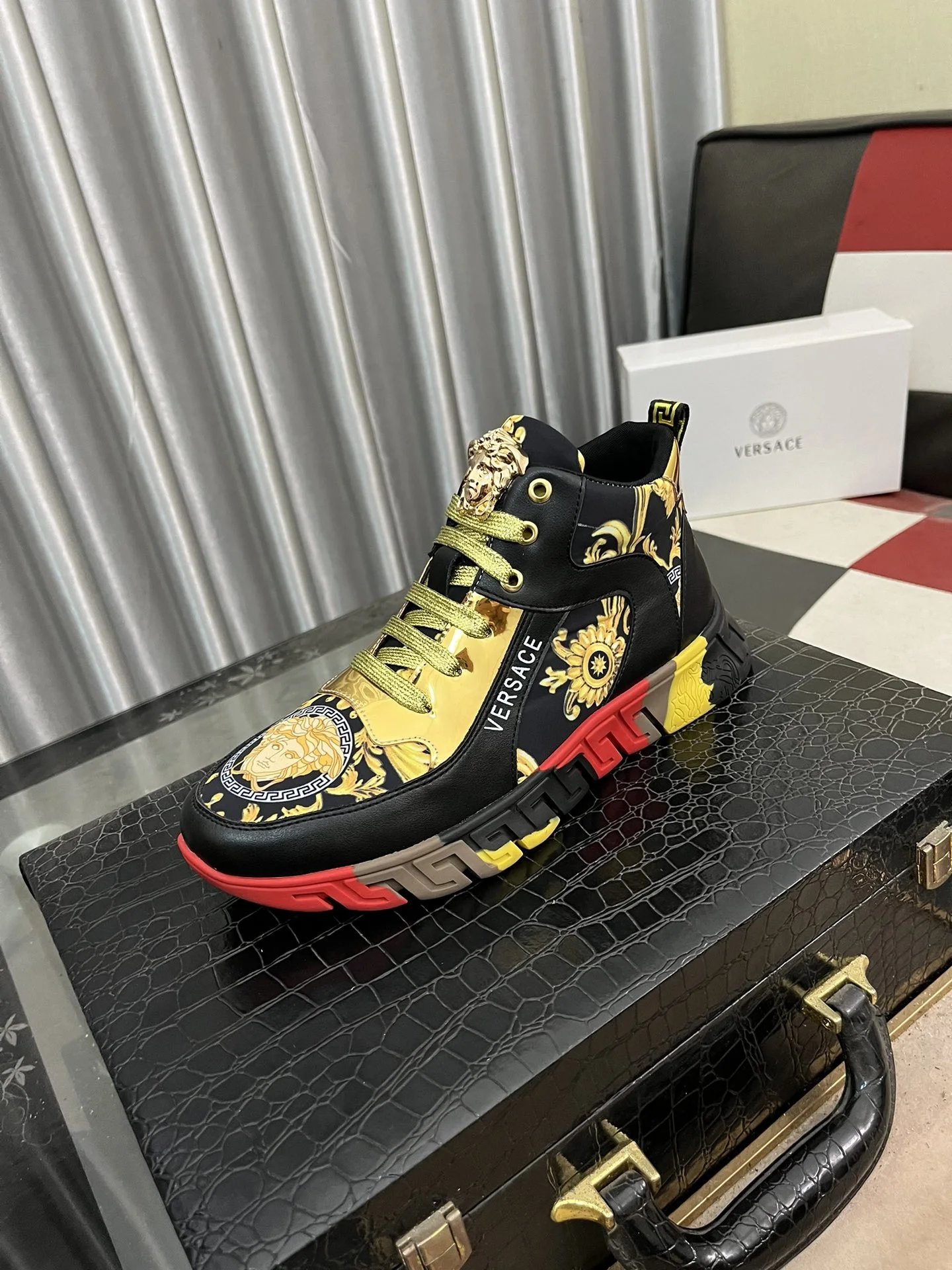 Luxury Leather Medusa Sneakers High Top Black Gold - Gallery Image 1 - Detailed View