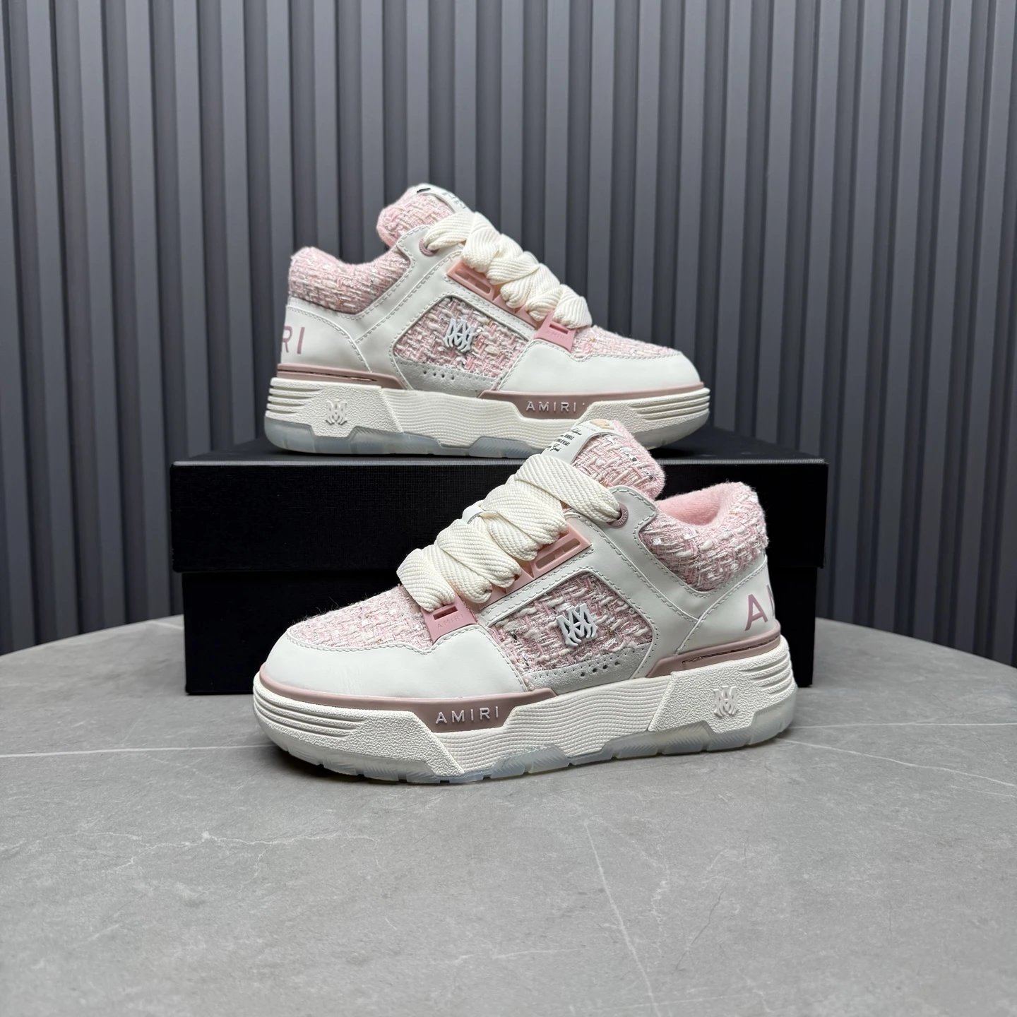 Low Top Tweed Leather Sneakers for Men Women Blush Pink - Gallery Image 8 - Detailed View