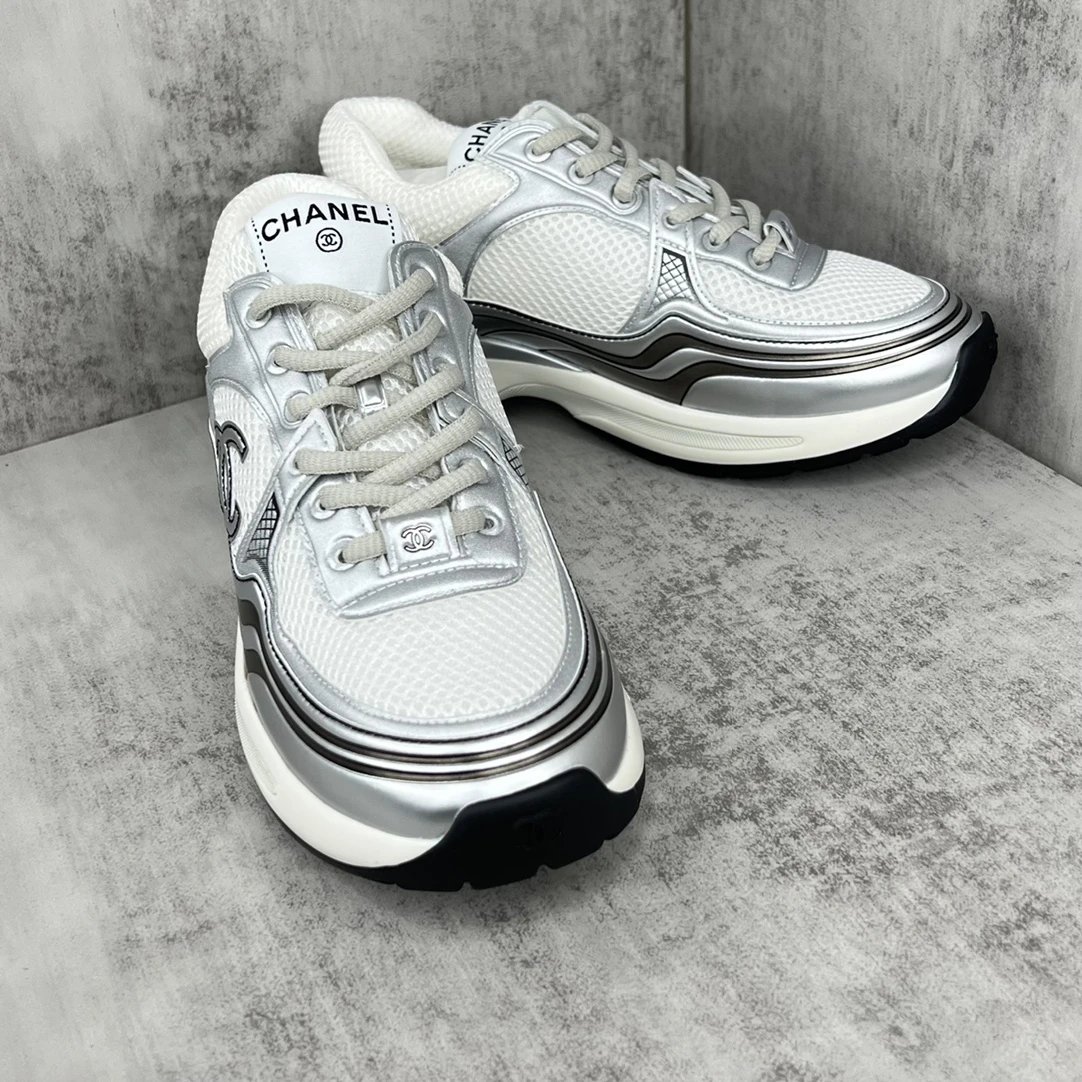 Resort Chunky Mesh Leather Sneakers Silver - Gallery Image 2 - Detailed View