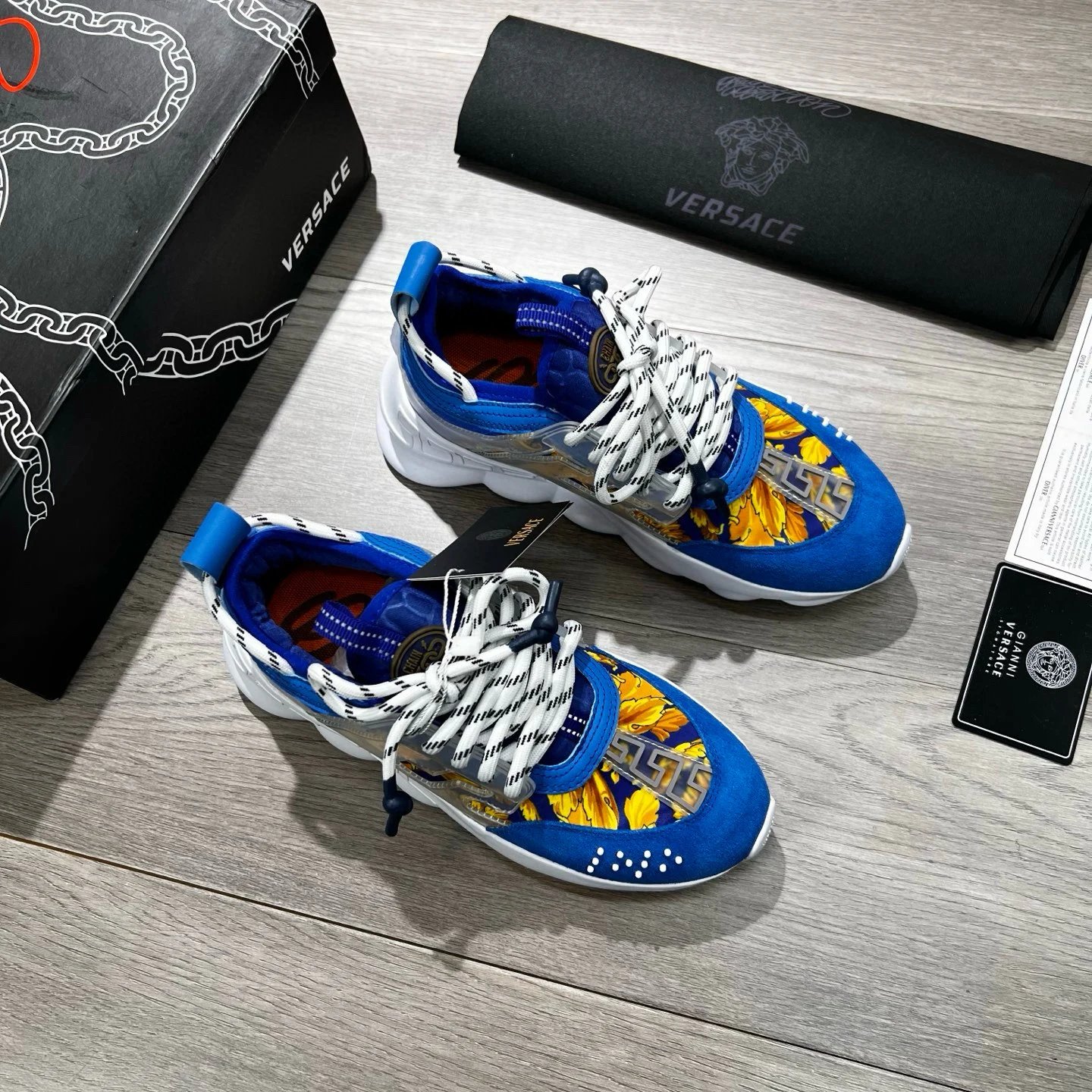 Baroque Print Leather Sneakers with White Sole in Royal Blue - Gallery Image 3 - Detailed View