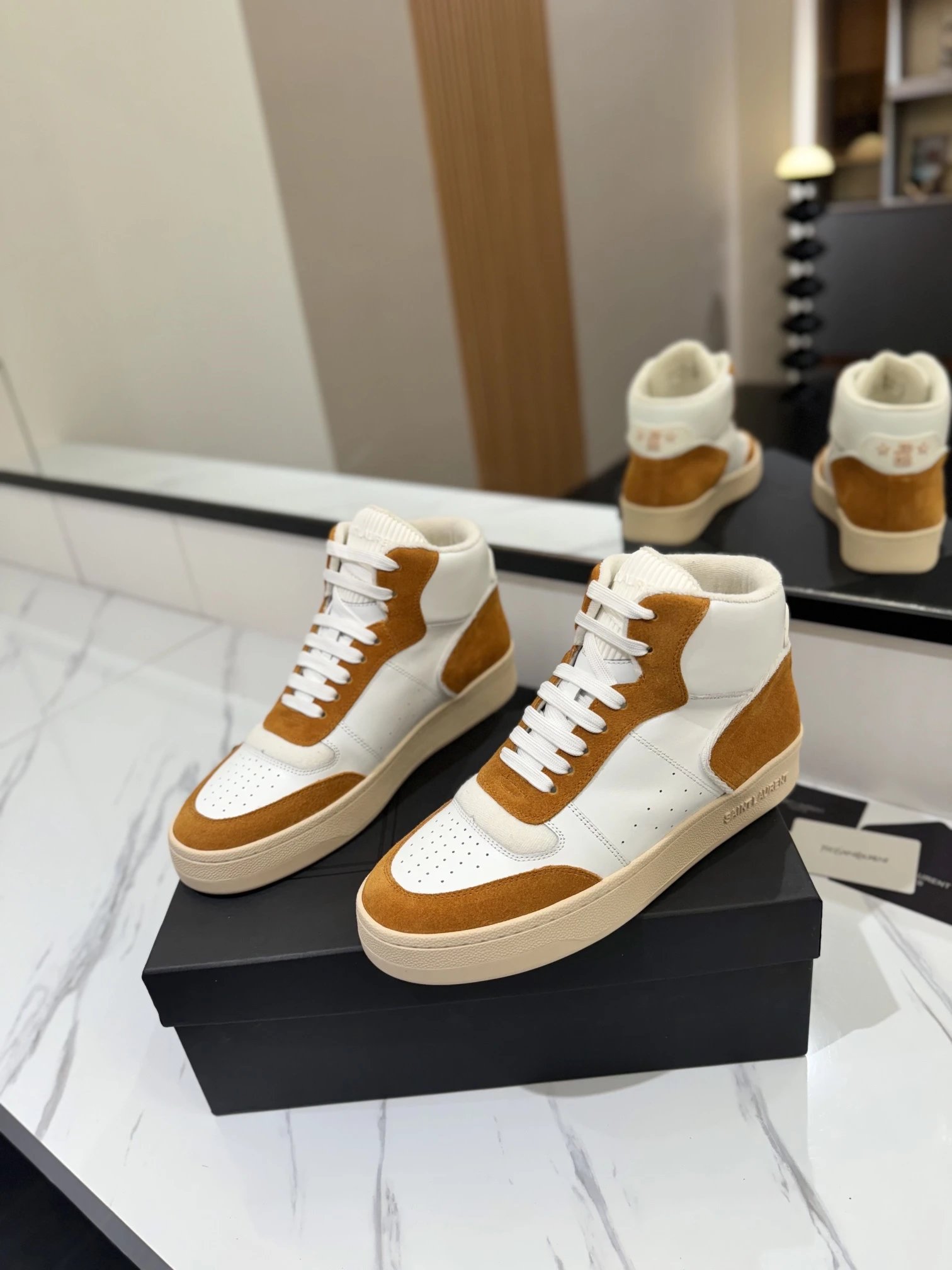 Saint Laurent SL80 Sneakers White & Camel - Gallery Image 2 - Detailed View