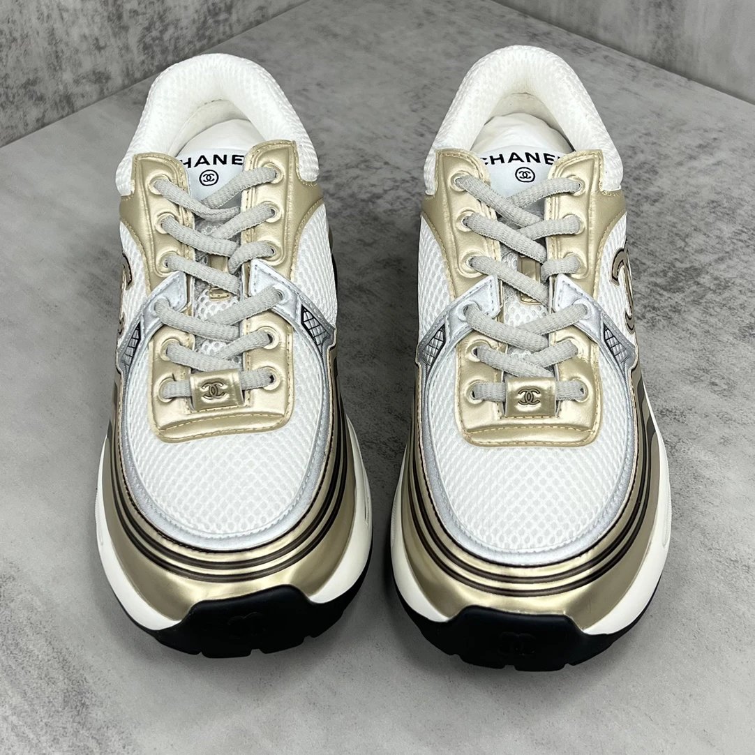 Resort Mesh Leather Chunky Sneakers Metallic Gold Silver - Gallery Image 4 - Detailed View