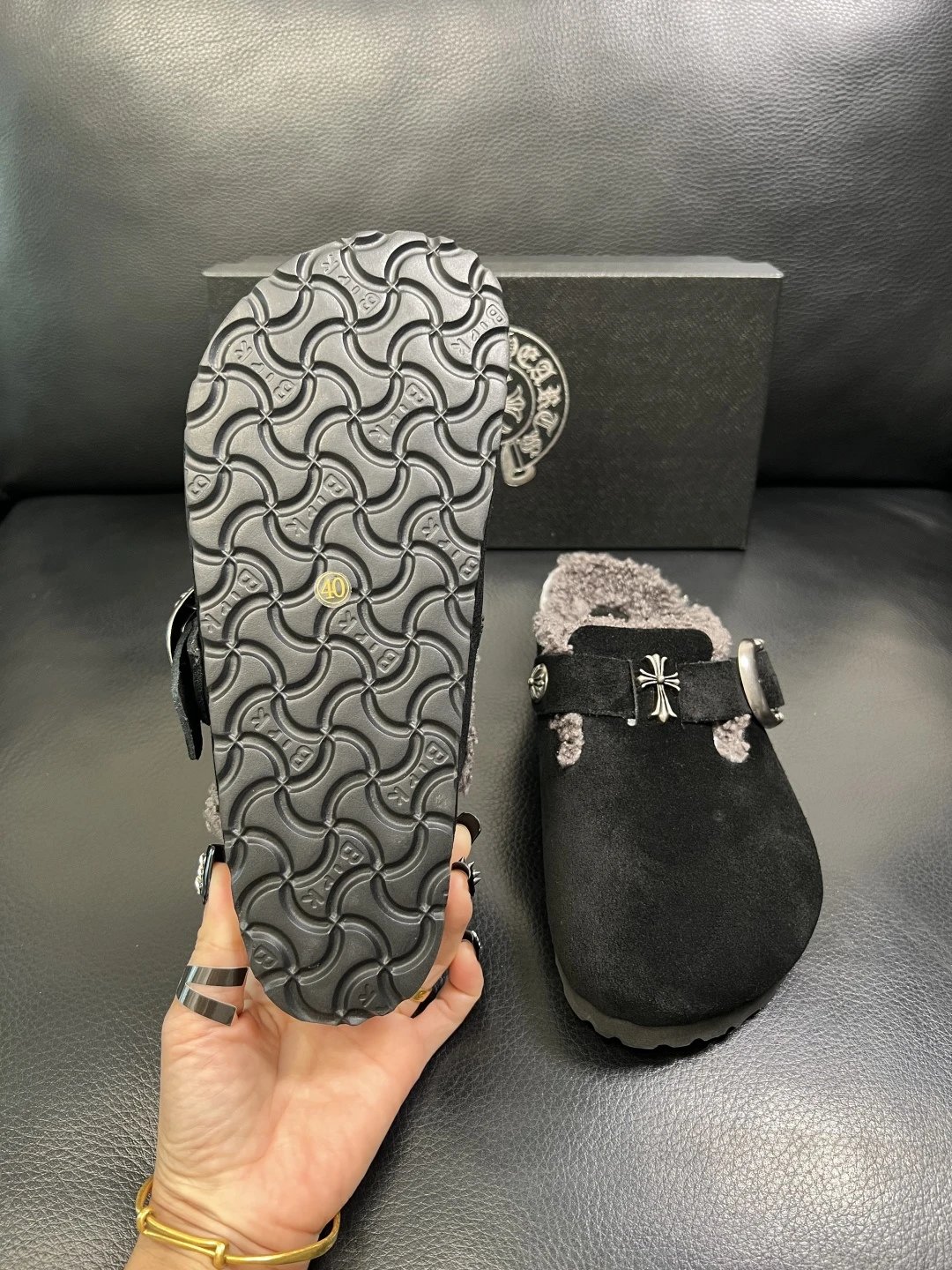 Luxury Suede Shearling Clog Shoes Ebony Black - Gallery Image 9 - Detailed View