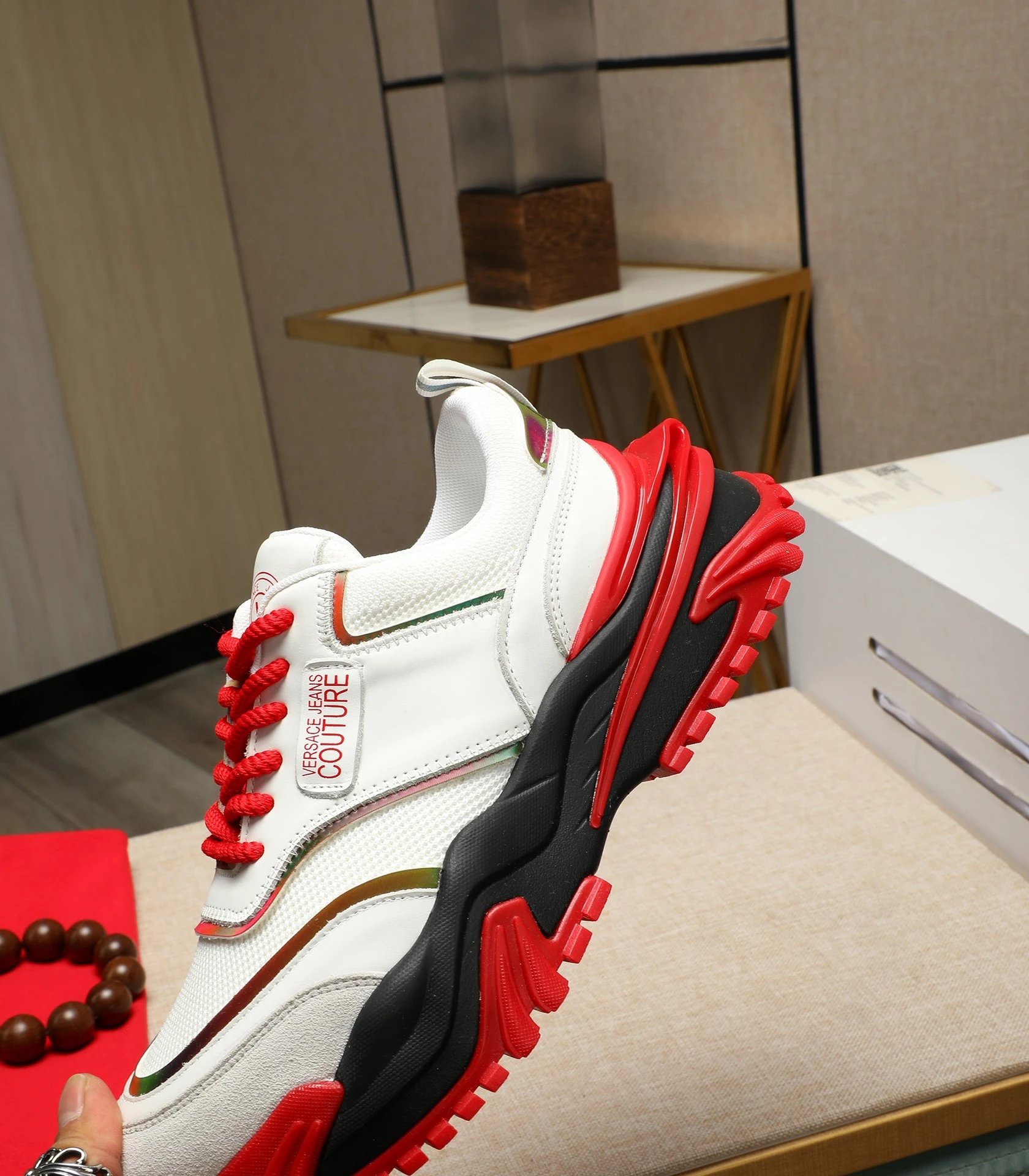 Luxury Calfskin Mesh Sneakers Crimson White - Gallery Image 9 - Detailed View