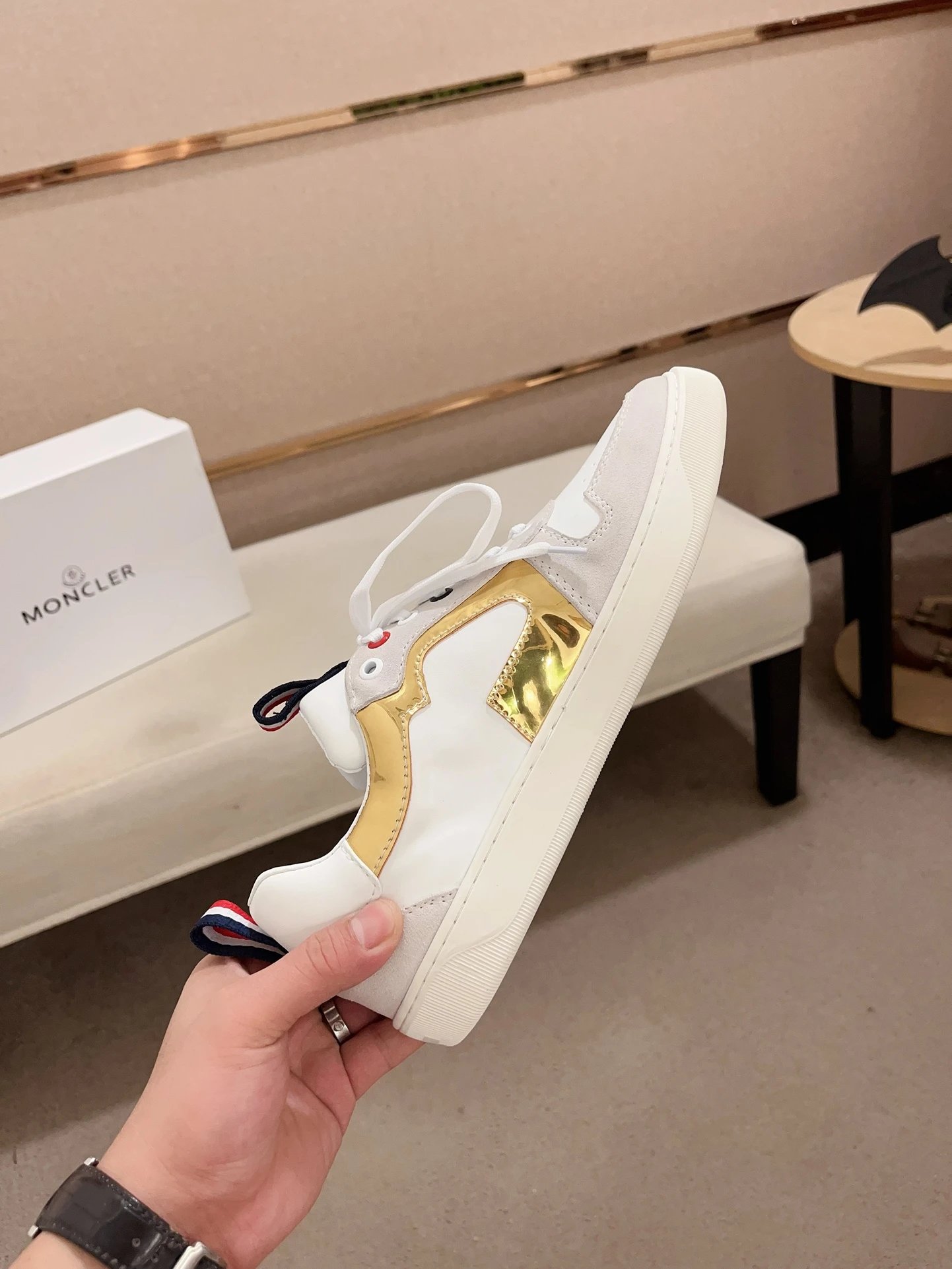 Moncler Lunarove White Sneakers Gold Accent - Gallery Image 5 - Detailed View