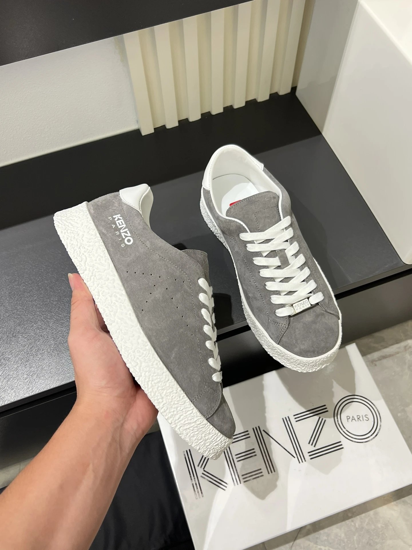 Kenzo Grey Suede Sneakers White Accent - Gallery Image 6 - Detailed View