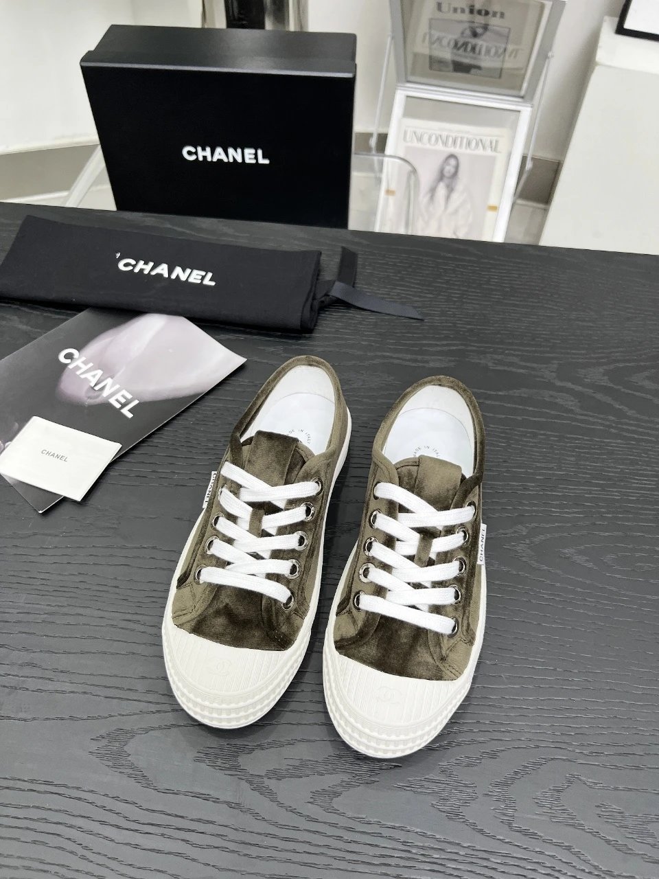 Chanel Vintage Olive Velvet Sneakers - Gallery Image 2 - Detailed View