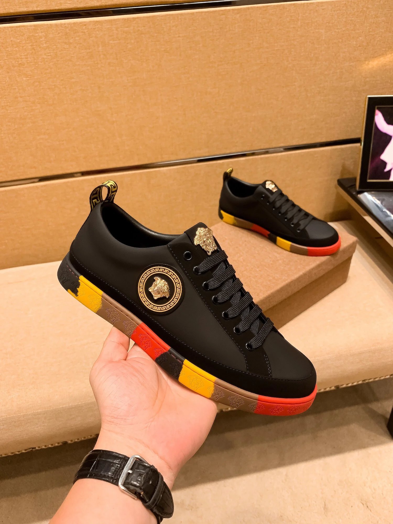 Luxury Leather Sneakers Colorblock Trim Ebony - Gallery Image 2 - Detailed View