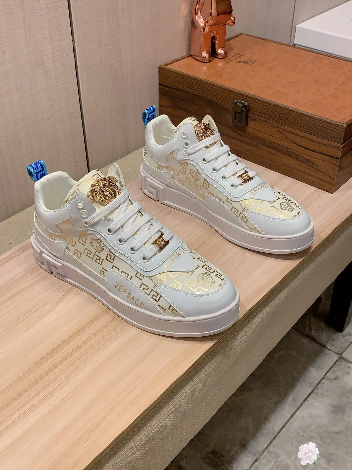 Luxury Leather Sneakers Greek Pattern Gold White - Gallery Image 3 - Detailed View