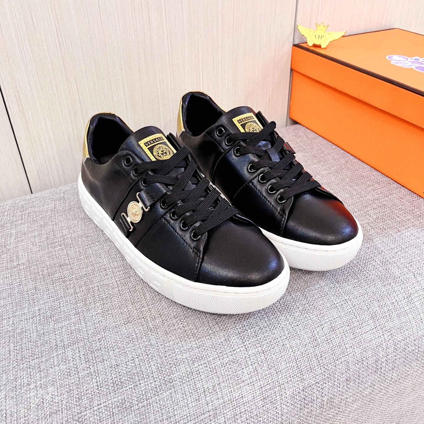 Luxury Leather Sneakers Gold Black - Gallery Image 2 - Detailed View