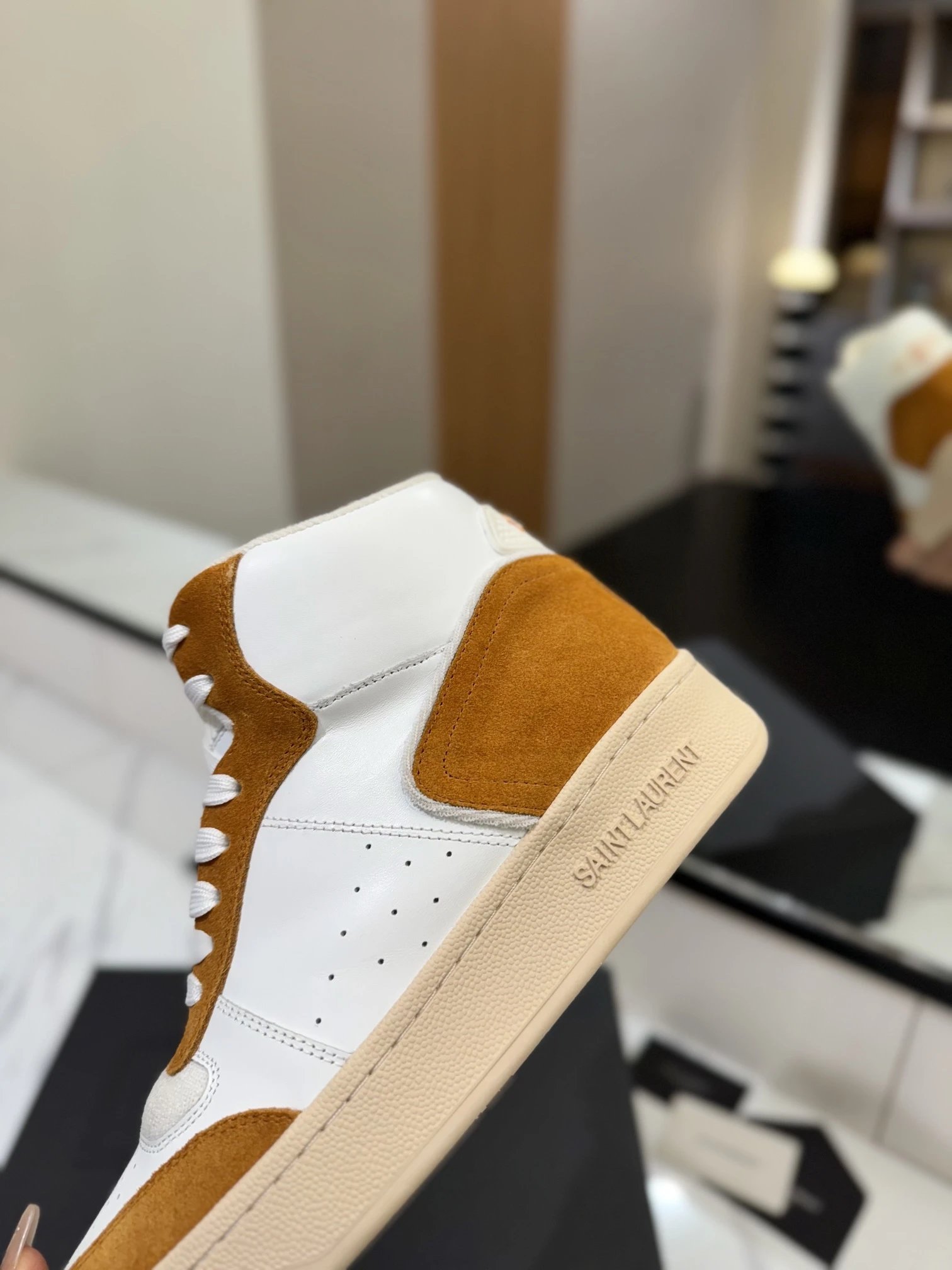 Saint Laurent SL80 Sneakers White & Camel - Gallery Image 9 - Detailed View