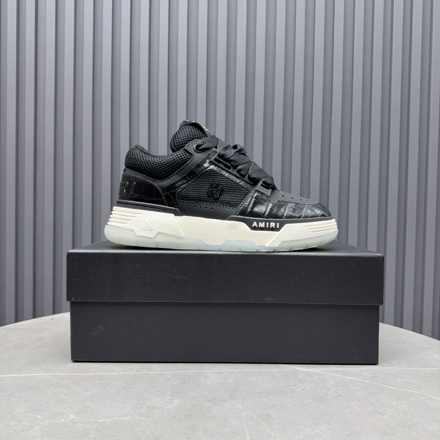 Low Top Leather Mesh Basketball Sneakers Black Ivory - Gallery Image 1 - Detailed View