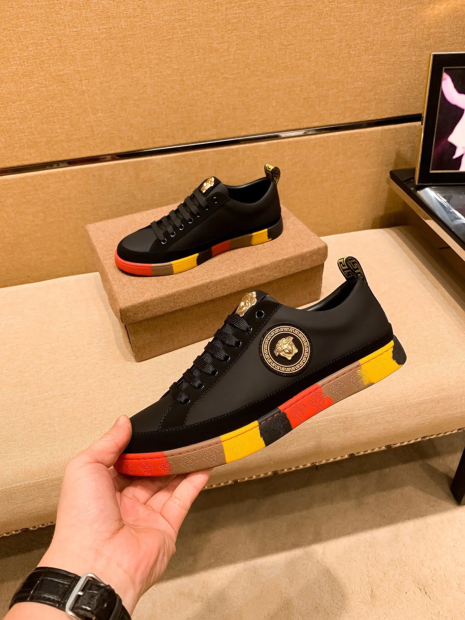 Luxury Leather Sneakers Colorblock Trim Ebony - Gallery Image 3 - Detailed View