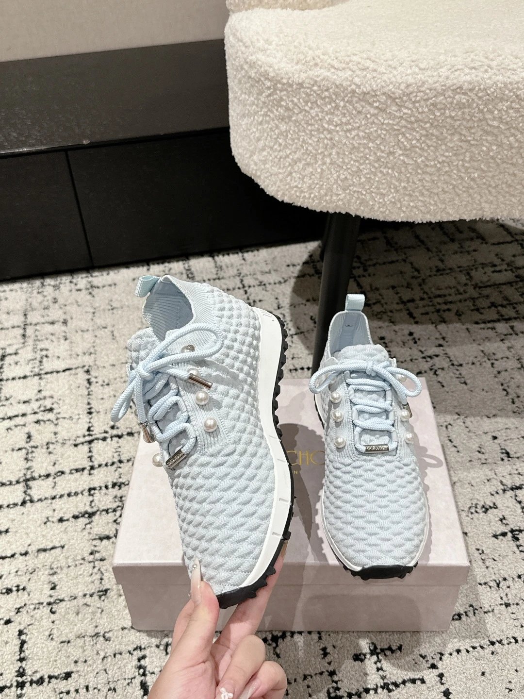 Jimmy Choo Knit Pearl Sneakers Blue - Gallery Image 4 - Detailed View