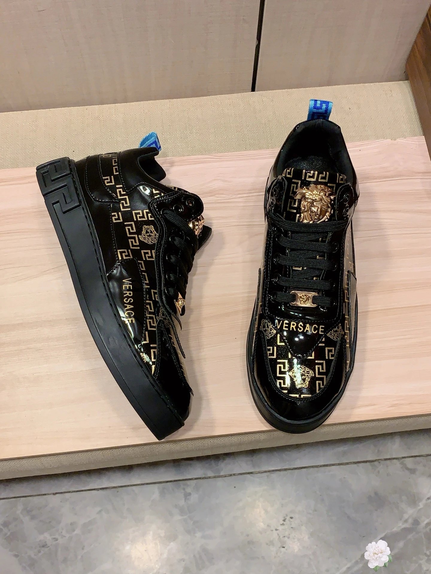 Luxury Leather Sneakers Greek Key Black Gold - Gallery Image 5 - Detailed View