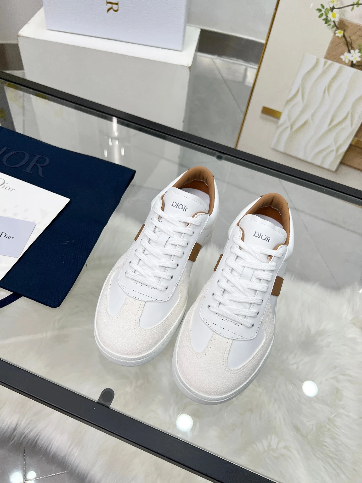 Dior B01 White Leather Sneakers Brown - Gallery Image 2 - Detailed View