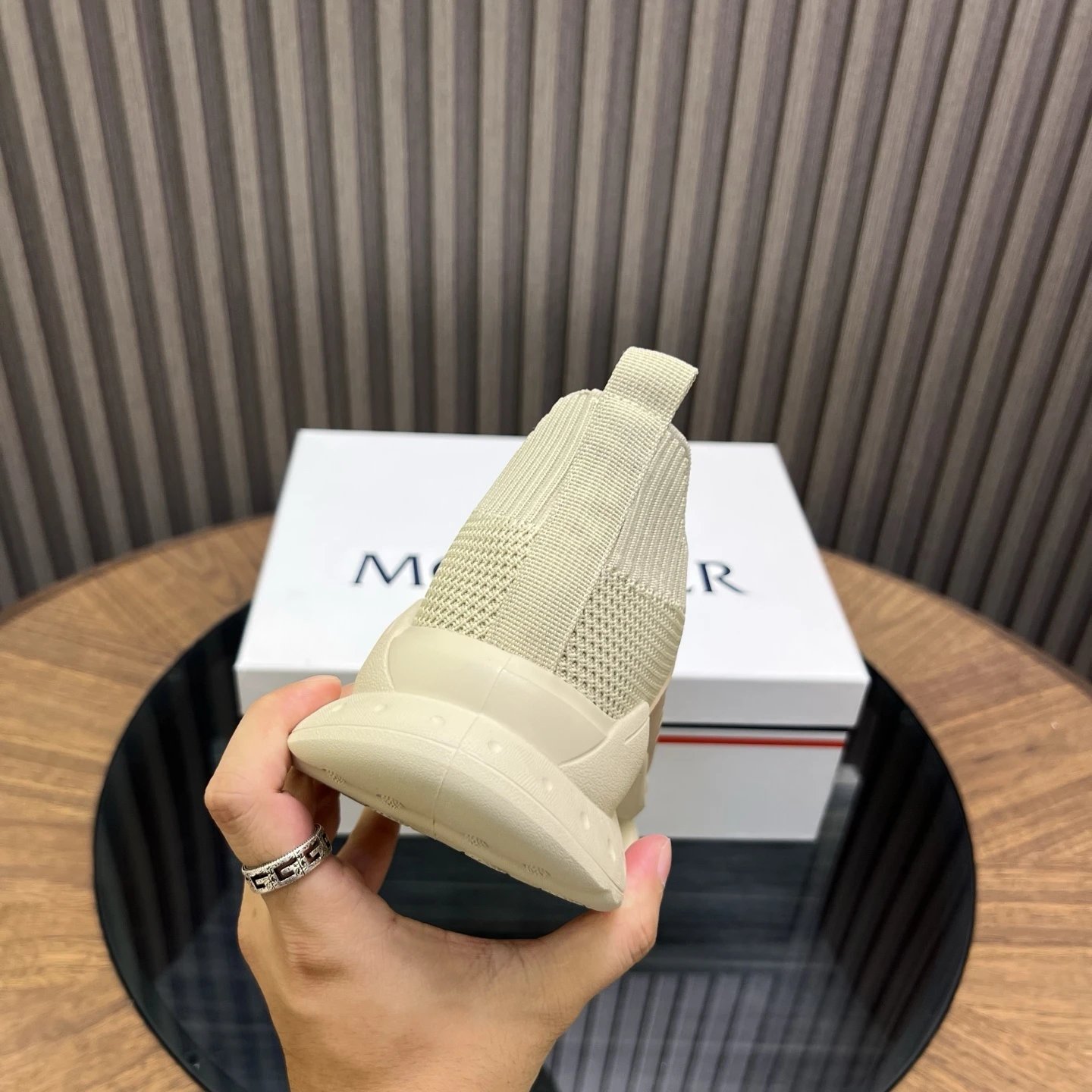 Moncler Ultra-light Knit Sneakers Beige - Gallery Image 9 - Detailed View