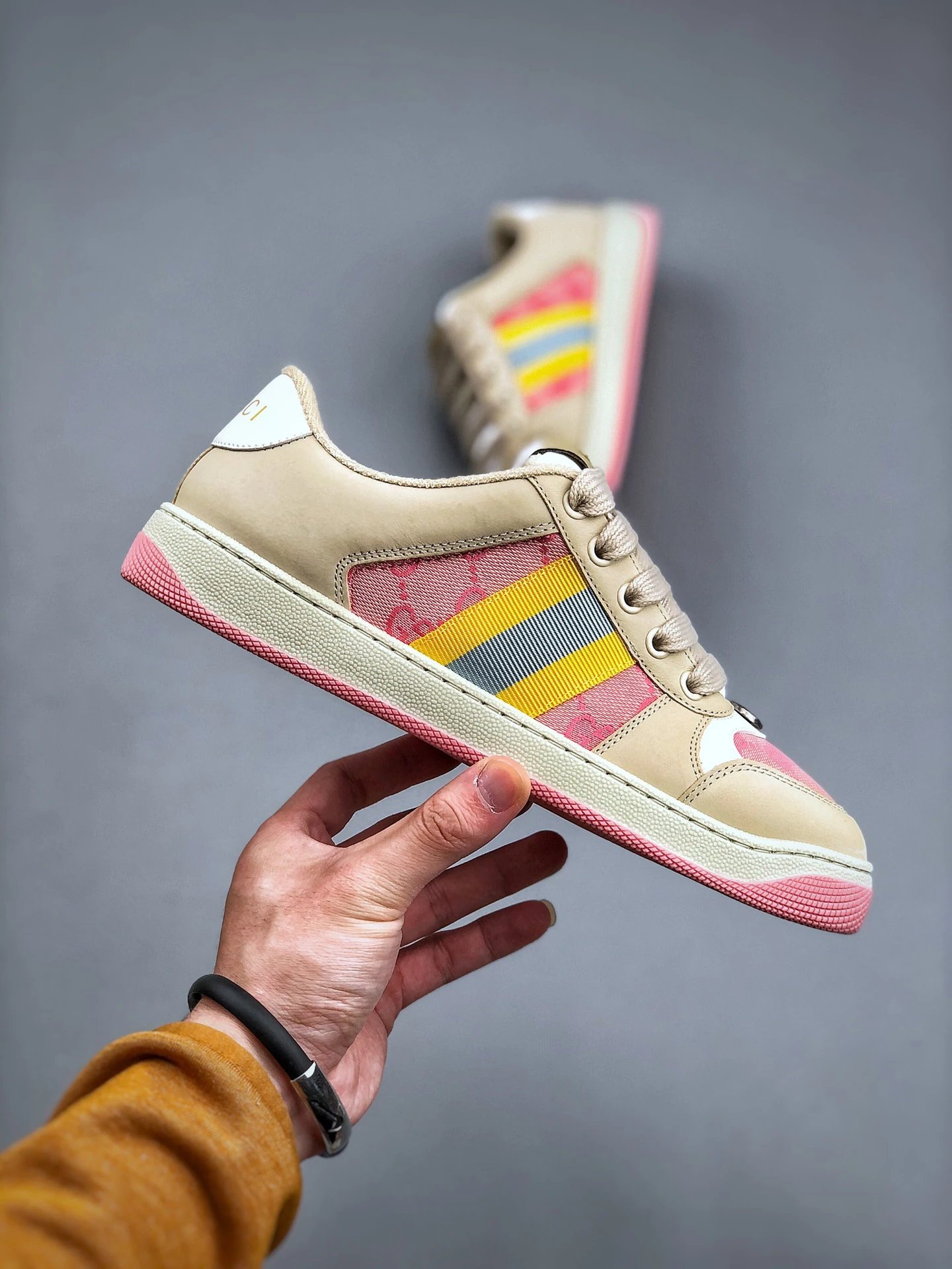 Gucci Distressed Screener Beige Sneakers Yellow - Gallery Image 4 - Detailed View