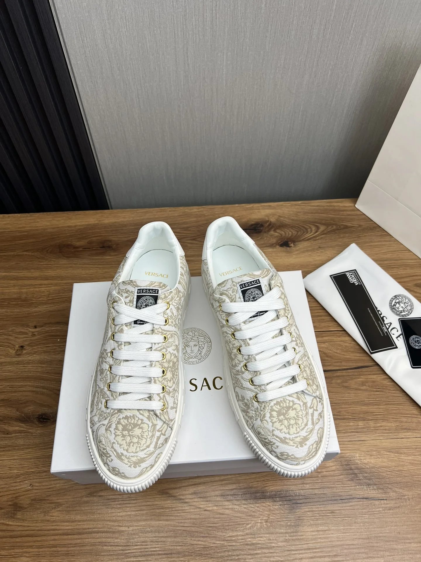 Baroque Leather Low Top Sneakers for Couples Ivory Beige - Gallery Image 3 - Detailed View