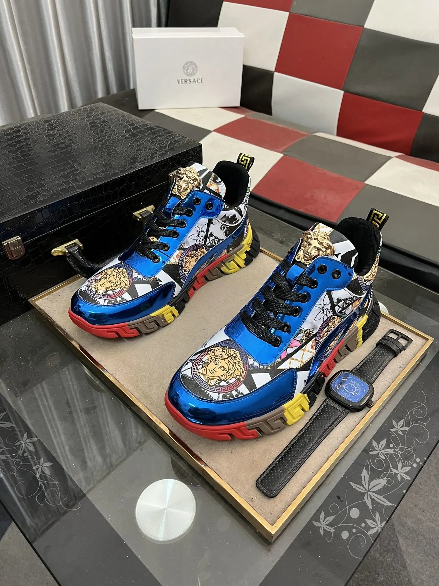 Luxury Leather Fashion Sneakers Multicolor Azure - Gallery Image 2 - Detailed View