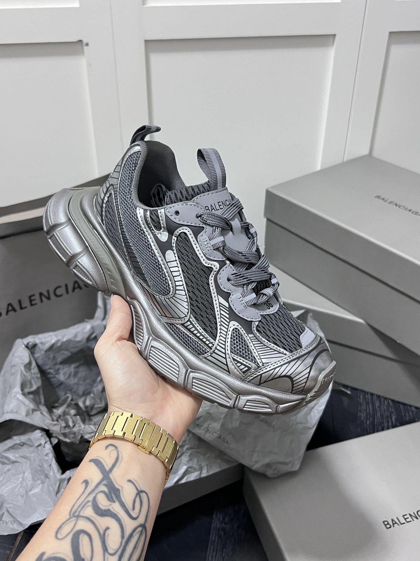 Retro Chunky Dad Sneakers Mesh Leather Sole Pewter Grey - Balenciaga - Cnfans - $49.68