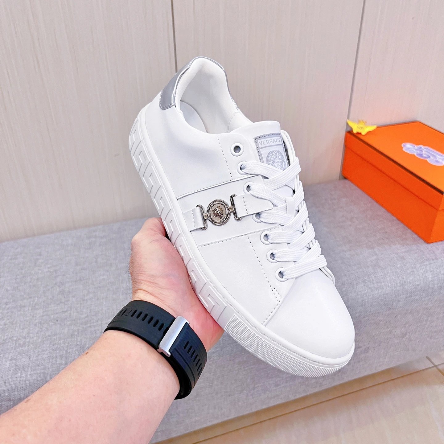 Luxury Leather Low Top Sneakers in Pearl White - Gallery Image 6 - Detailed View