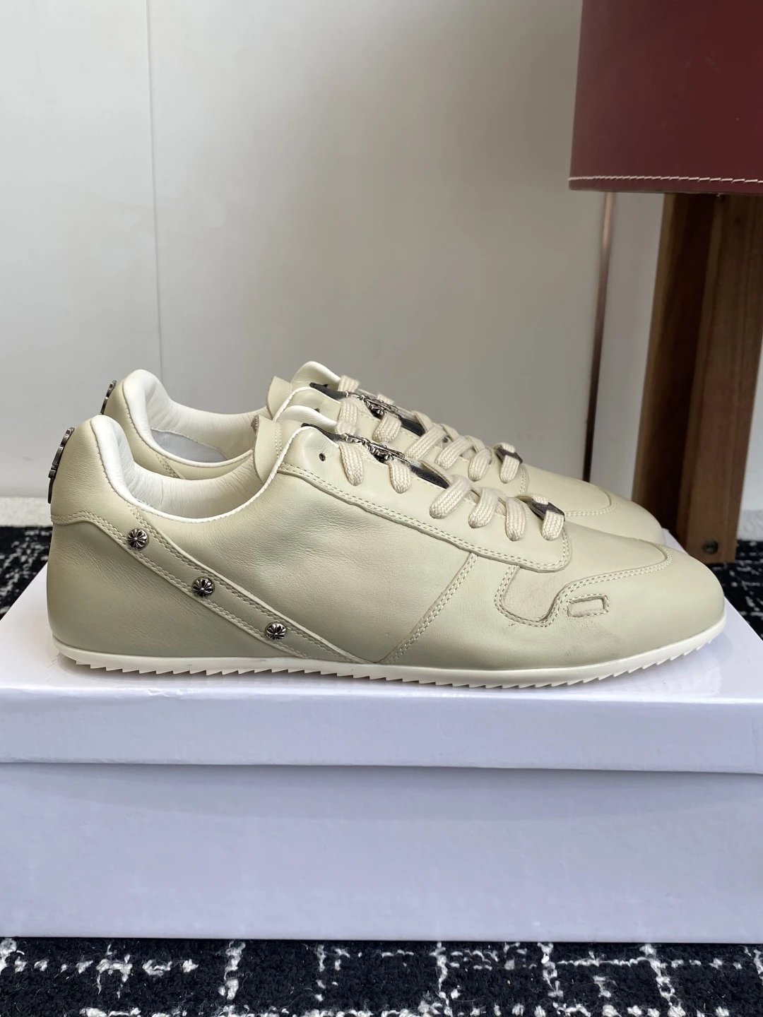 Retro Leather Trainer Sneakers Cream Beige - Chrome Heart - Cnfans - $98.71