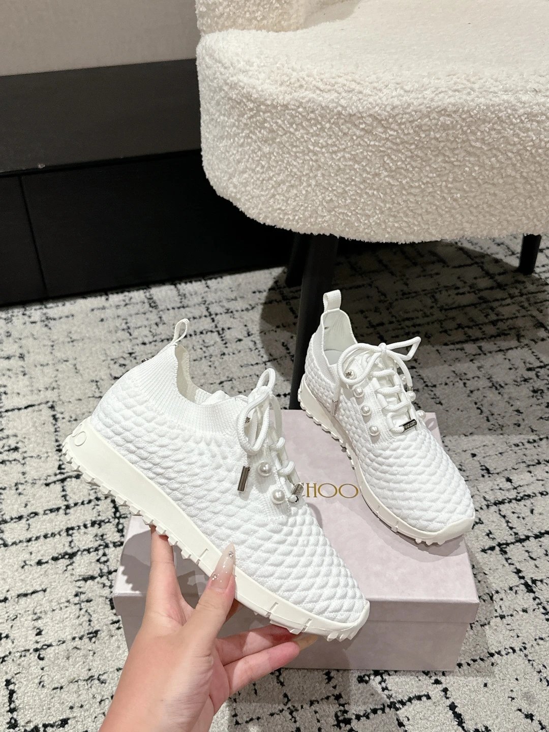 Jimmy Choo White Knit Sneakers - Gallery Image 5 - Detailed View