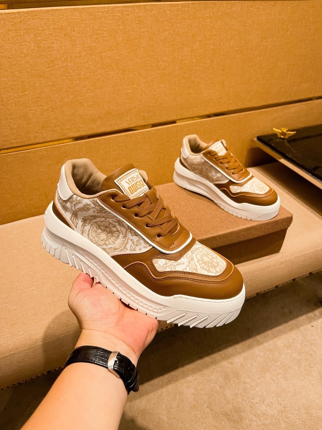 Luxury Leather Sneakers Baroque Camel - Gallery Image 3 - Detailed View