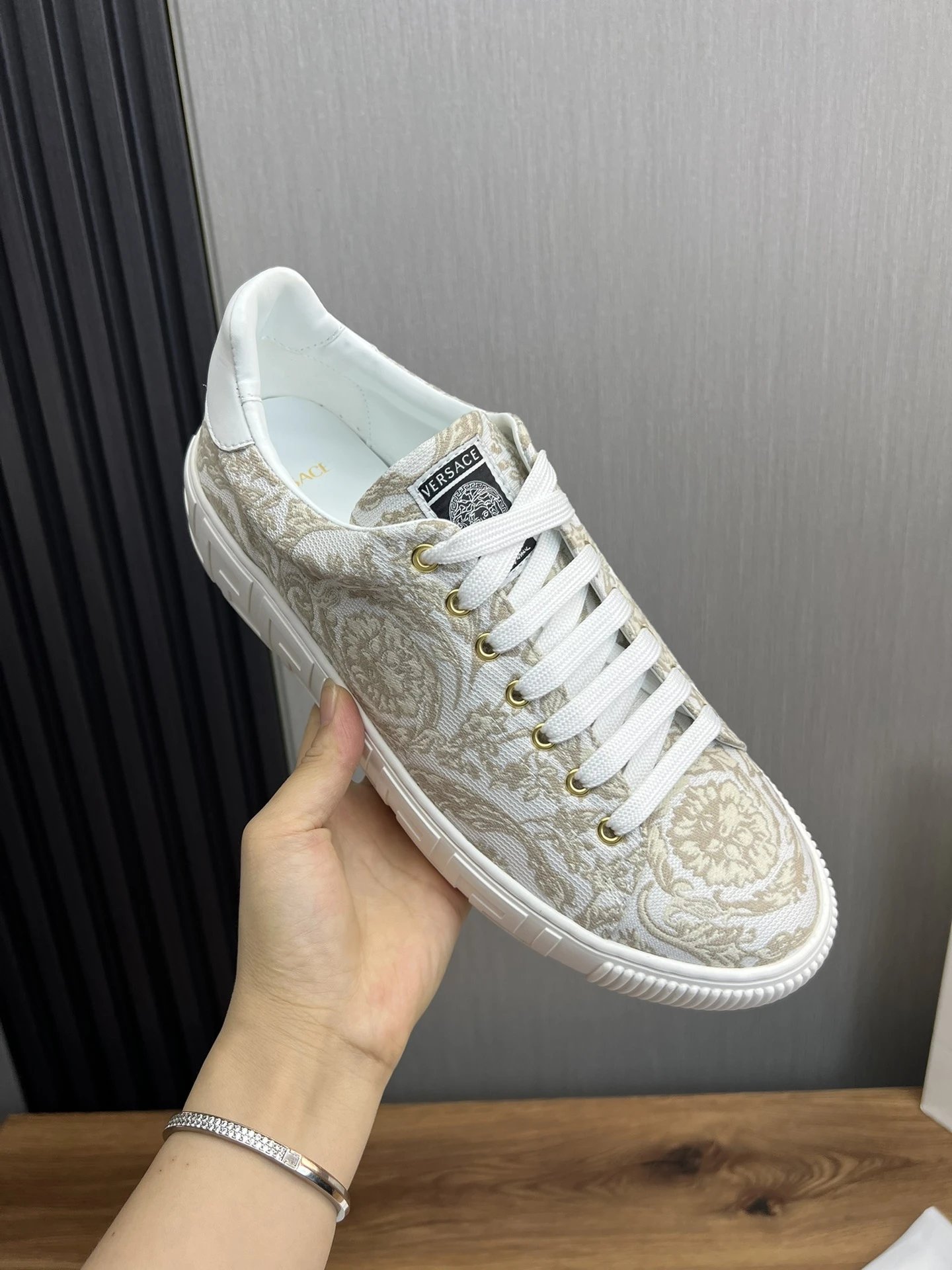 Baroque Leather Low Top Sneakers for Couples Ivory Beige - Gallery Image 8 - Detailed View