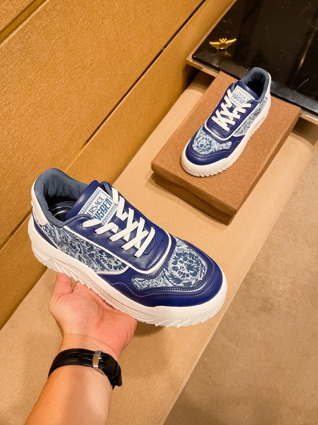 Luxury Leather Sneaker Floral Navy - Gallery Image 4 - Detailed View