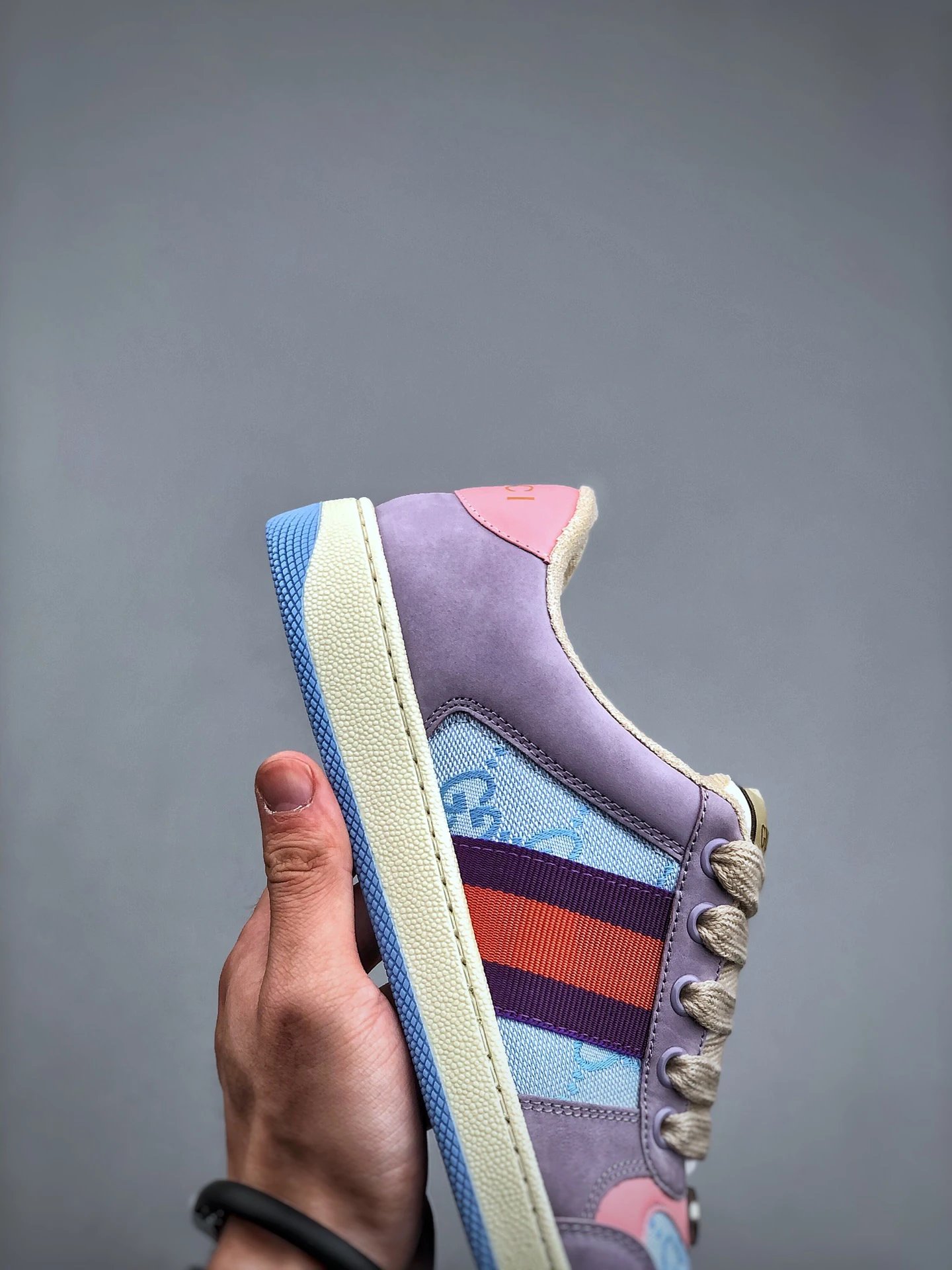 Gucci Distressed Screener Purple Pink Sneaker Blue Red - Gallery Image 6 - Detailed View