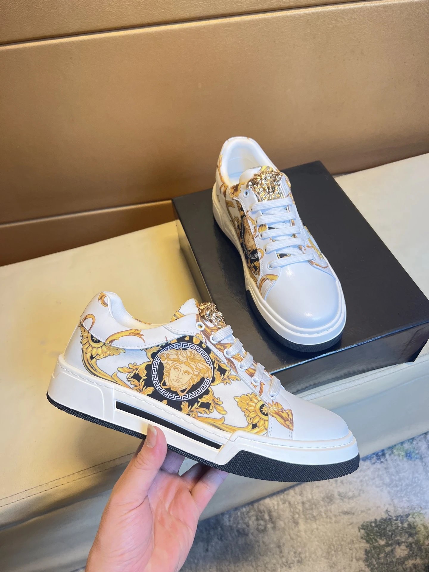 Luxury Baroque Leather Sneakers White Gold - Gallery Image 3 - Detailed View