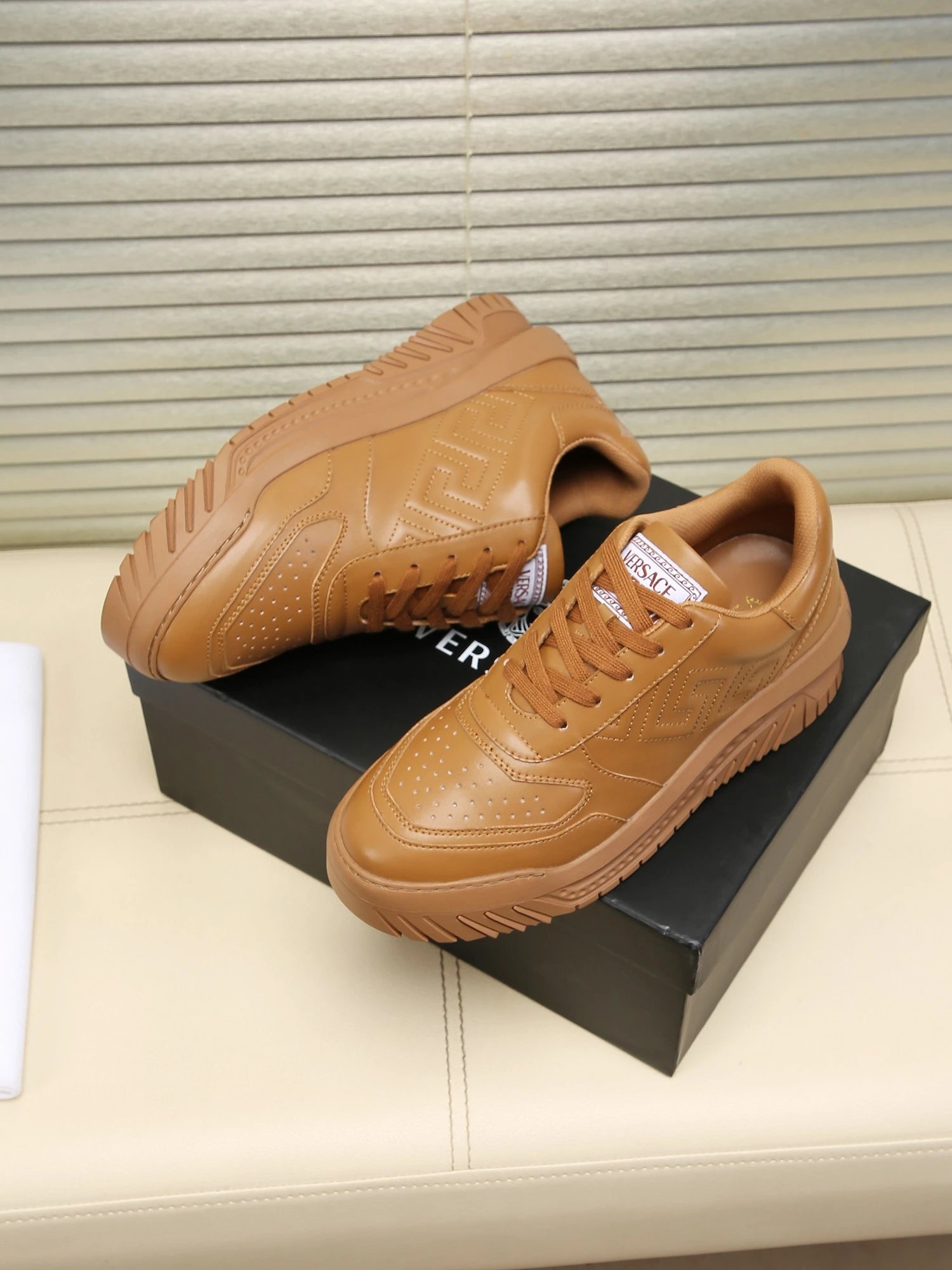Luxury Leather Labyrinth Sneakers Caramel Brown - Gallery Image 8 - Detailed View